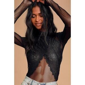 Lulus Show Stopping Black Sheer Lace Long Sleeve Bodysuit - Size M